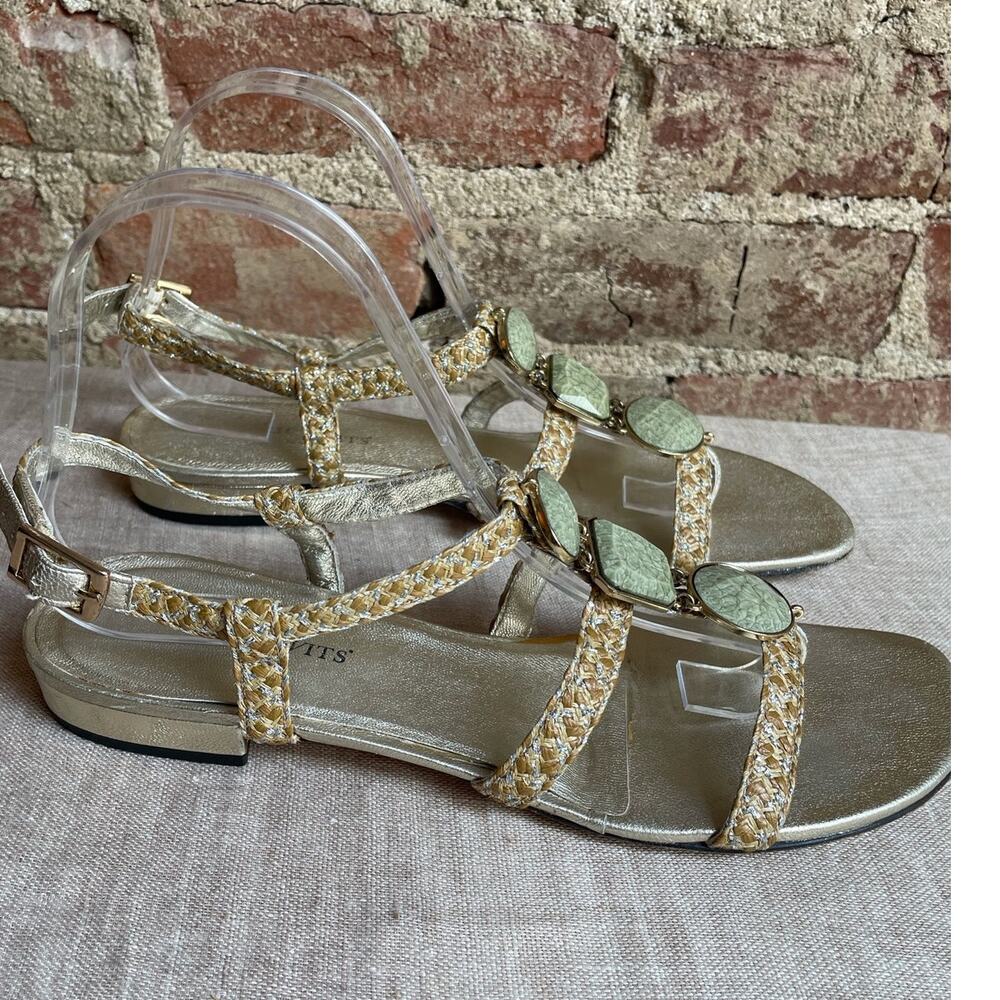 Eric Javtis Strappy Thong Slingback Sandals w/ Green Faux Gem Stones size 9N - Picture 2 of 9